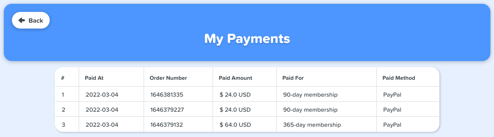 Student payments page
