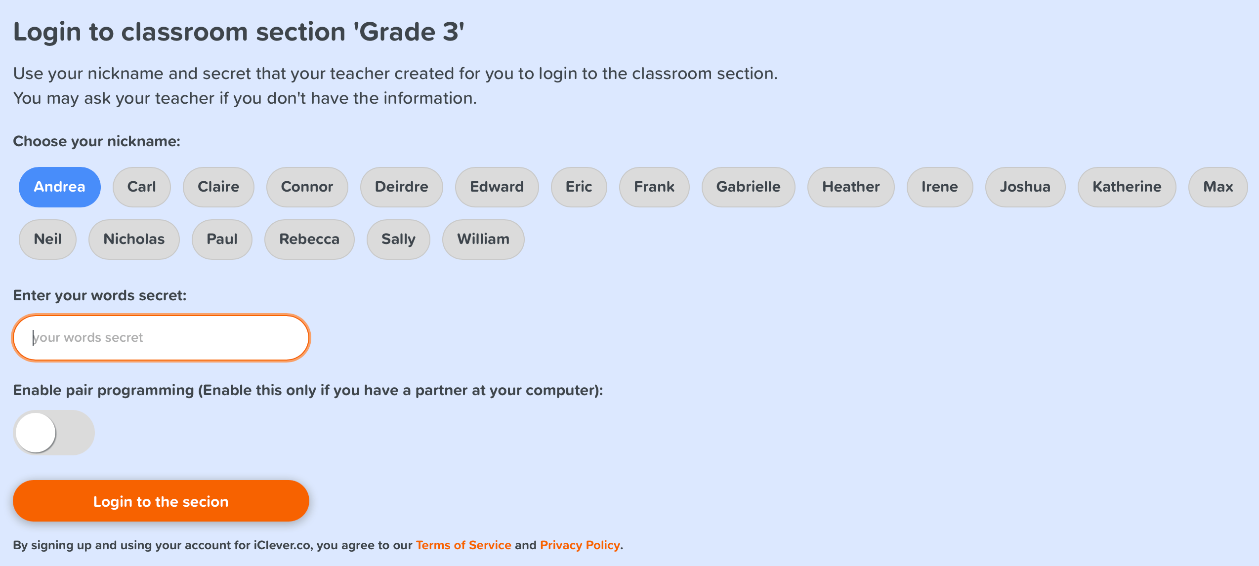 Classroom section login page - password