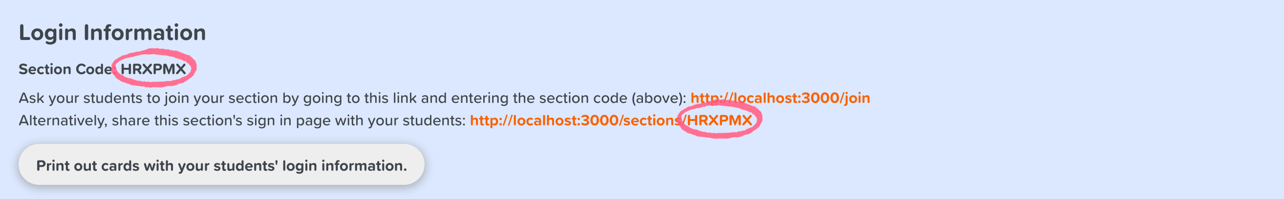 Section code displayed in login infmation