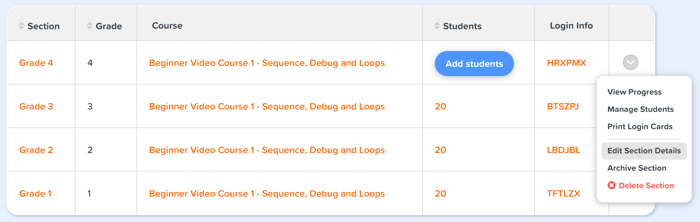 Actions for classroom sections