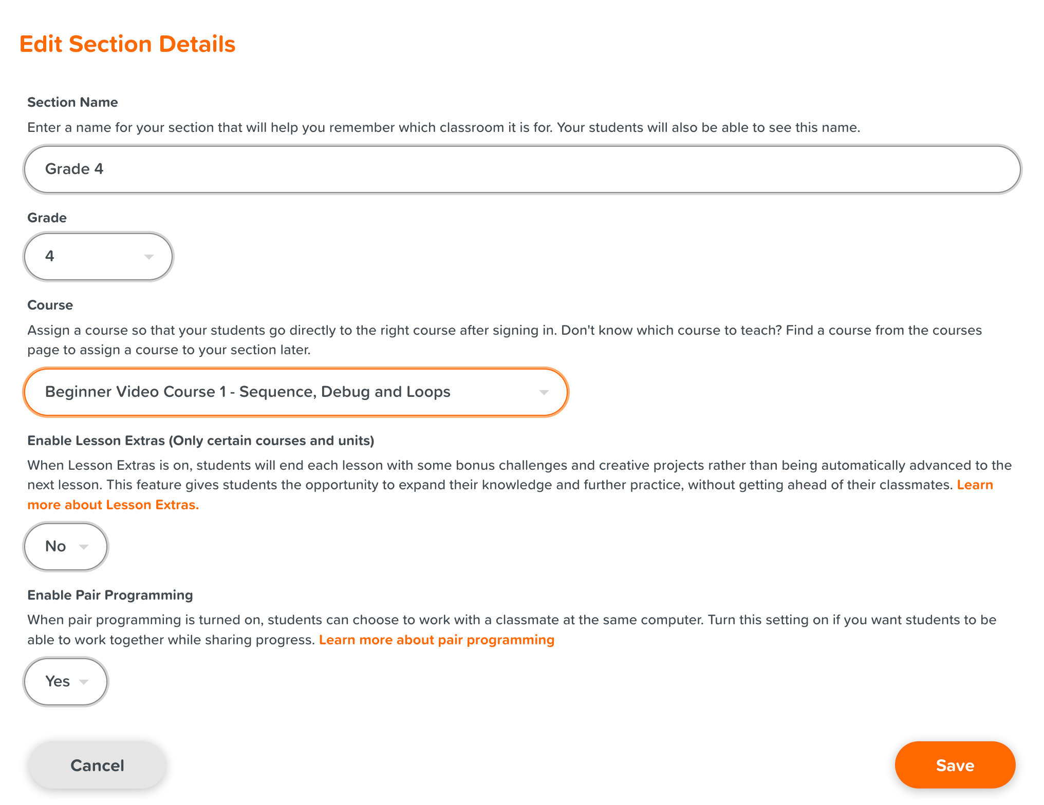 Edit classroom section details