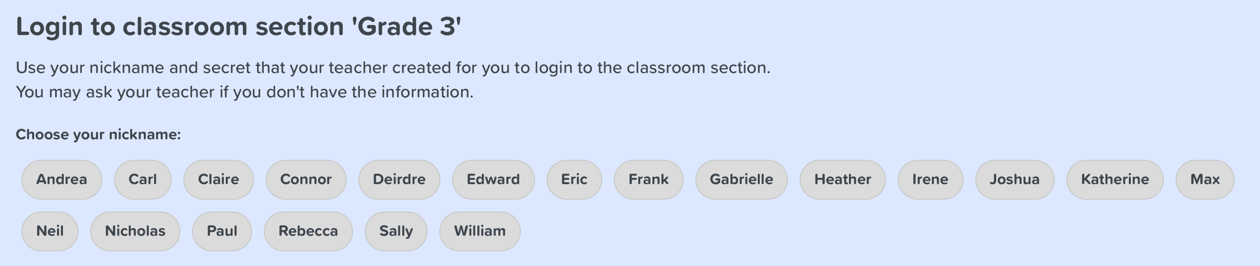 Student login to classroom section