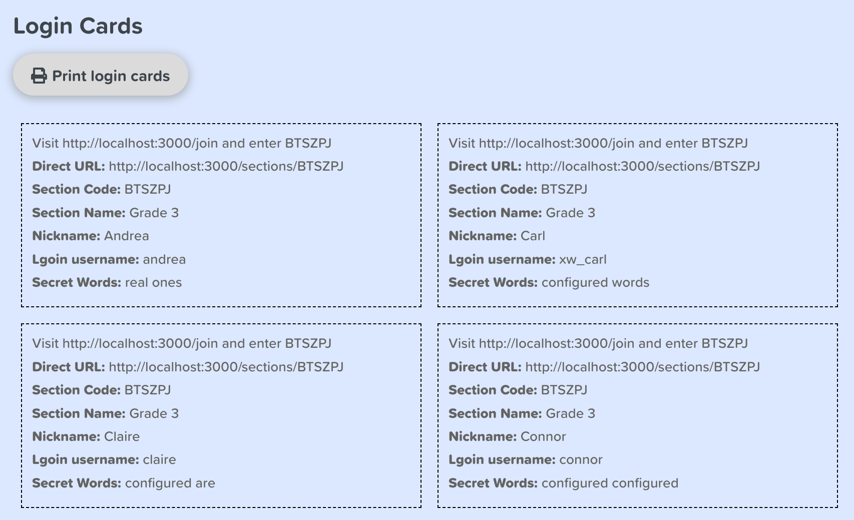 Classroom section login cards